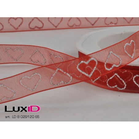 Glitter hearts woven edge 65 rood 15mm x 20m